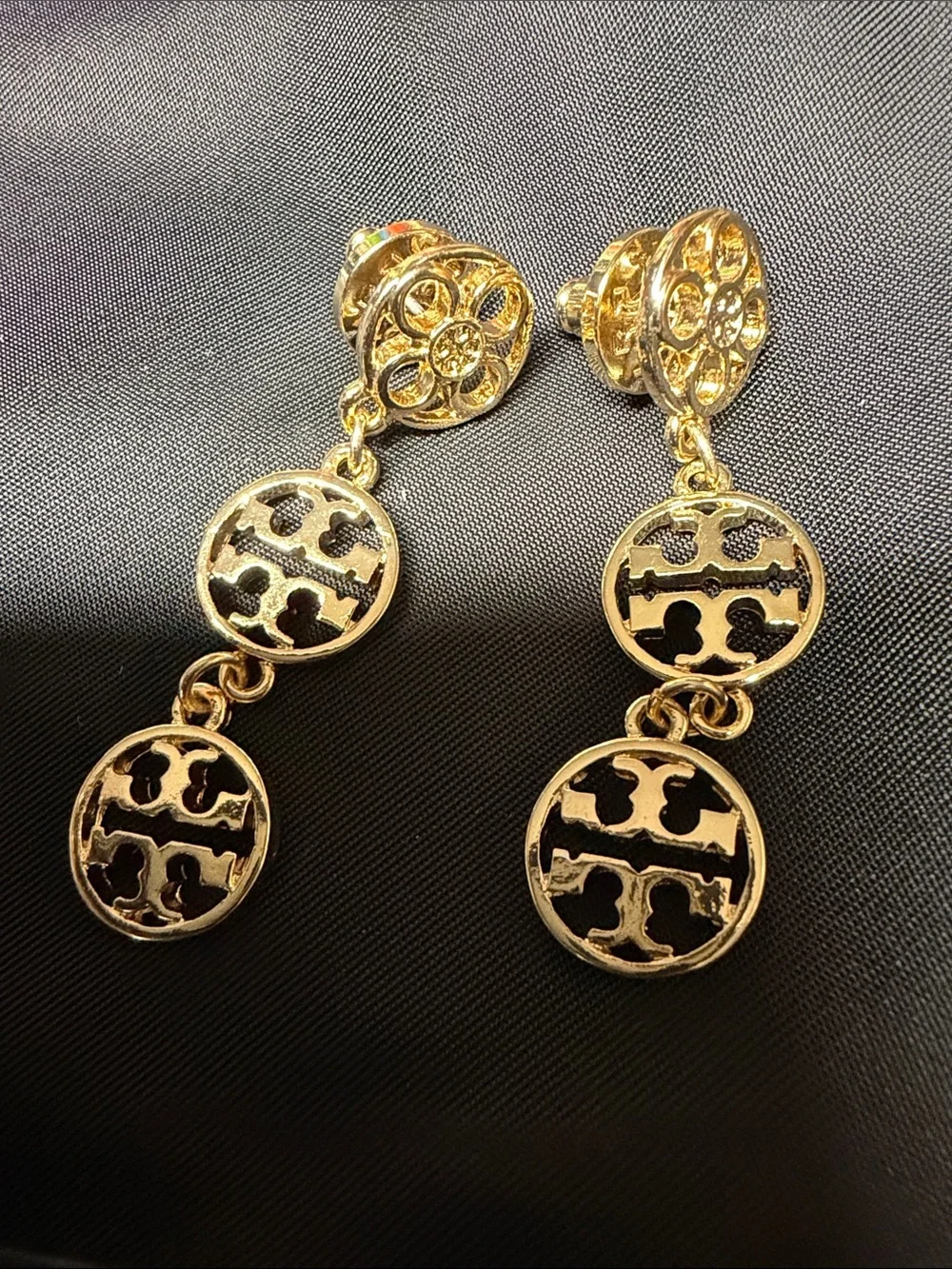 Tory Burch Gold-Tone Triple Logo Drop Earrings